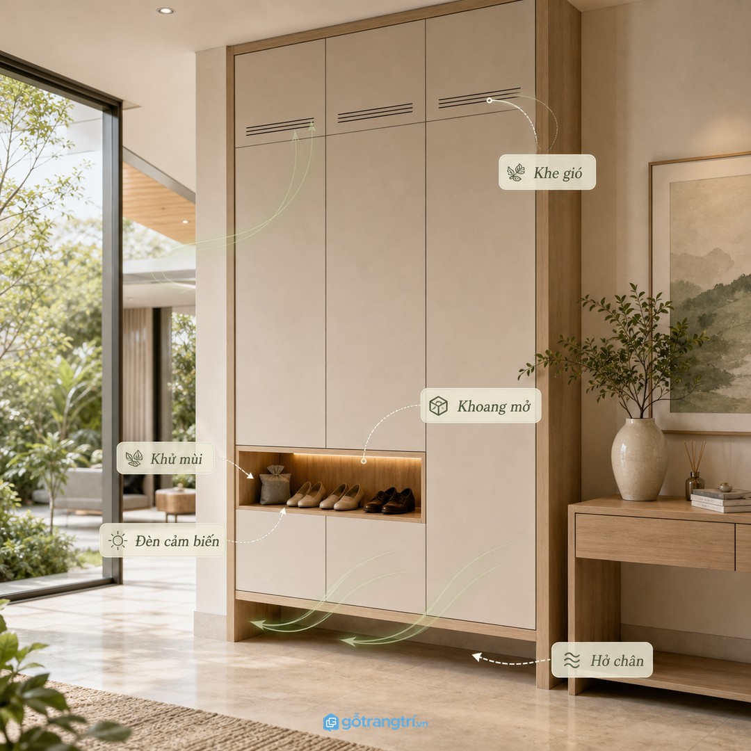 Khe gió, khoang mở nhỏ và đèn cảm biến giúp tủ giày thoáng mùi mà vẫn gọn