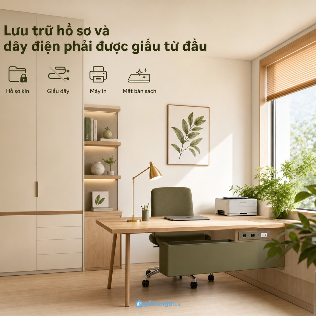 Hồ sơ, dây điện và thiết bị văn phòng nên được giấu gọn ngay từ đầu