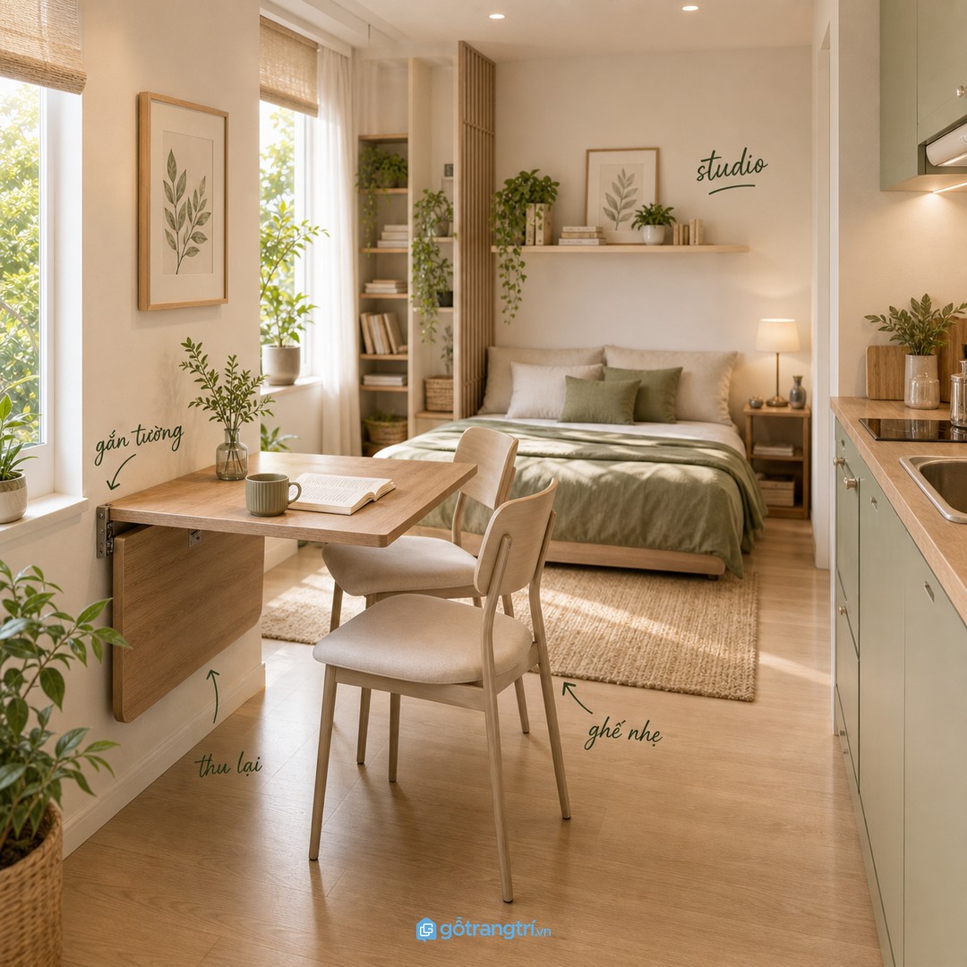 Căn hộ studio hợp với bàn gắn tường hoặc bàn gập một cánh để trả khoảng trống sau bữa ăn