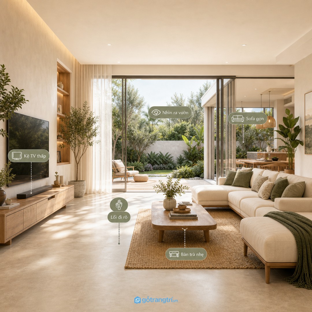 Phòng khách nên mở ra vườn nhưng sofa, kệ TV và bàn trà vẫn giữ lối đi rõ