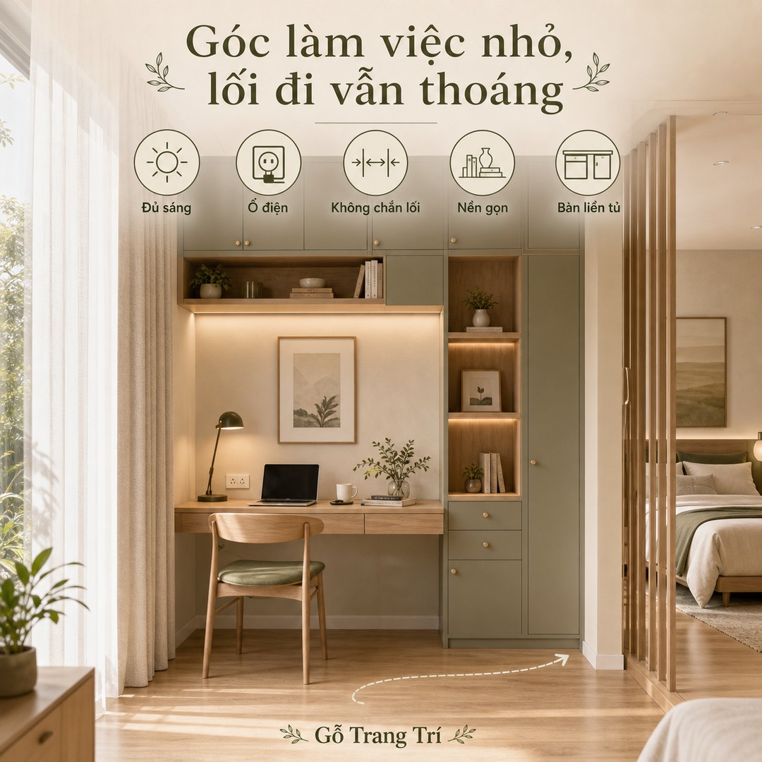 Góc làm việc nhỏ cần đủ sáng, có ổ điện, nền gọn và không chắn lối đi