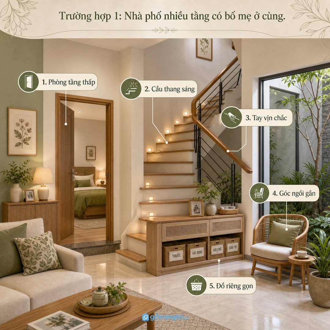 Nhà phố có bố mẹ ở cùng nên ưu tiên tầng thấp, cầu thang sáng và góc ngồi gần