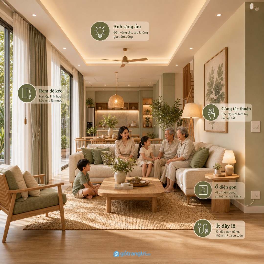 Ánh sáng ấm, rèm dễ kéo và công tắc thuận tay giúp mọi thế hệ dùng phòng dễ hơn