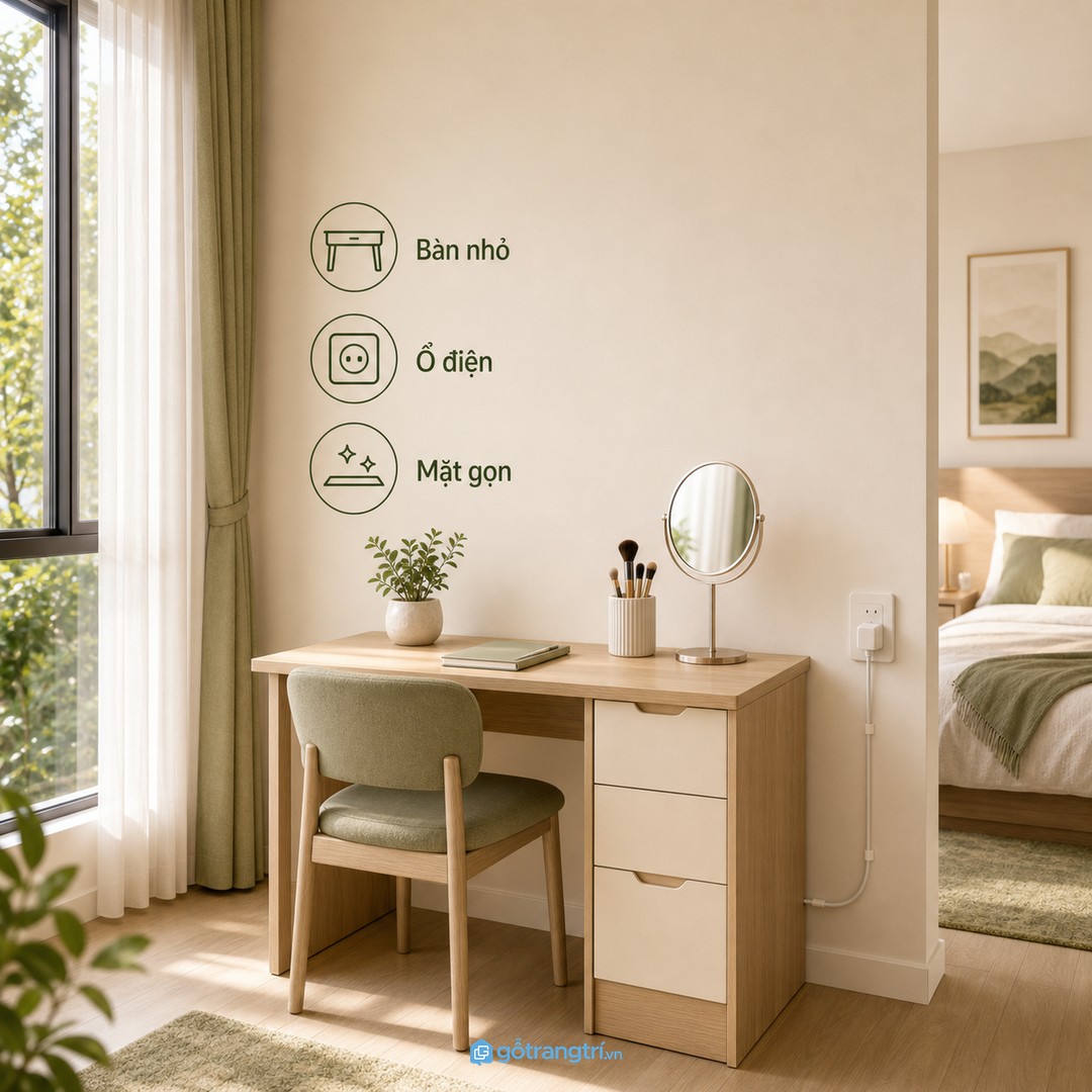 Góc làm việc hoặc trang điểm nhỏ nên có hộc kéo, ổ điện gọn và mặt bàn dễ dọn