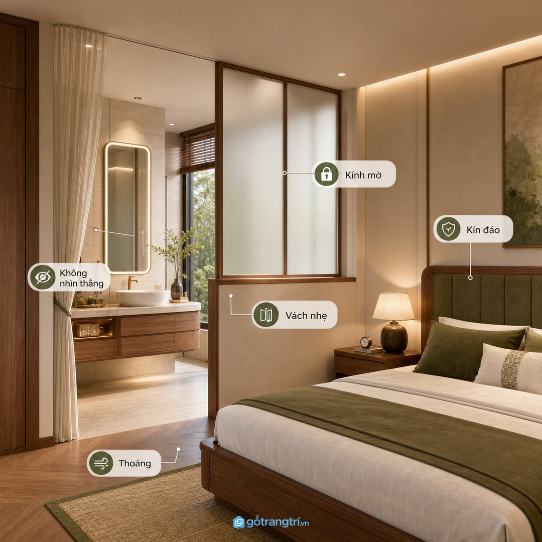 Kính mờ, vách nhẹ và hướng cửa hợp lý giúp phòng tắm master riêng tư hơn