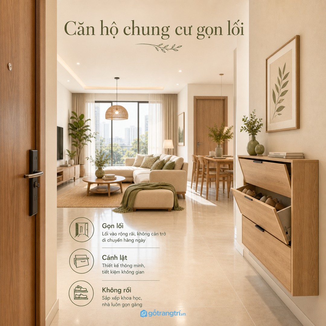 Căn hộ chung cư nên dùng tủ giày gọn để không làm vướng trục cửa vào phòng khách