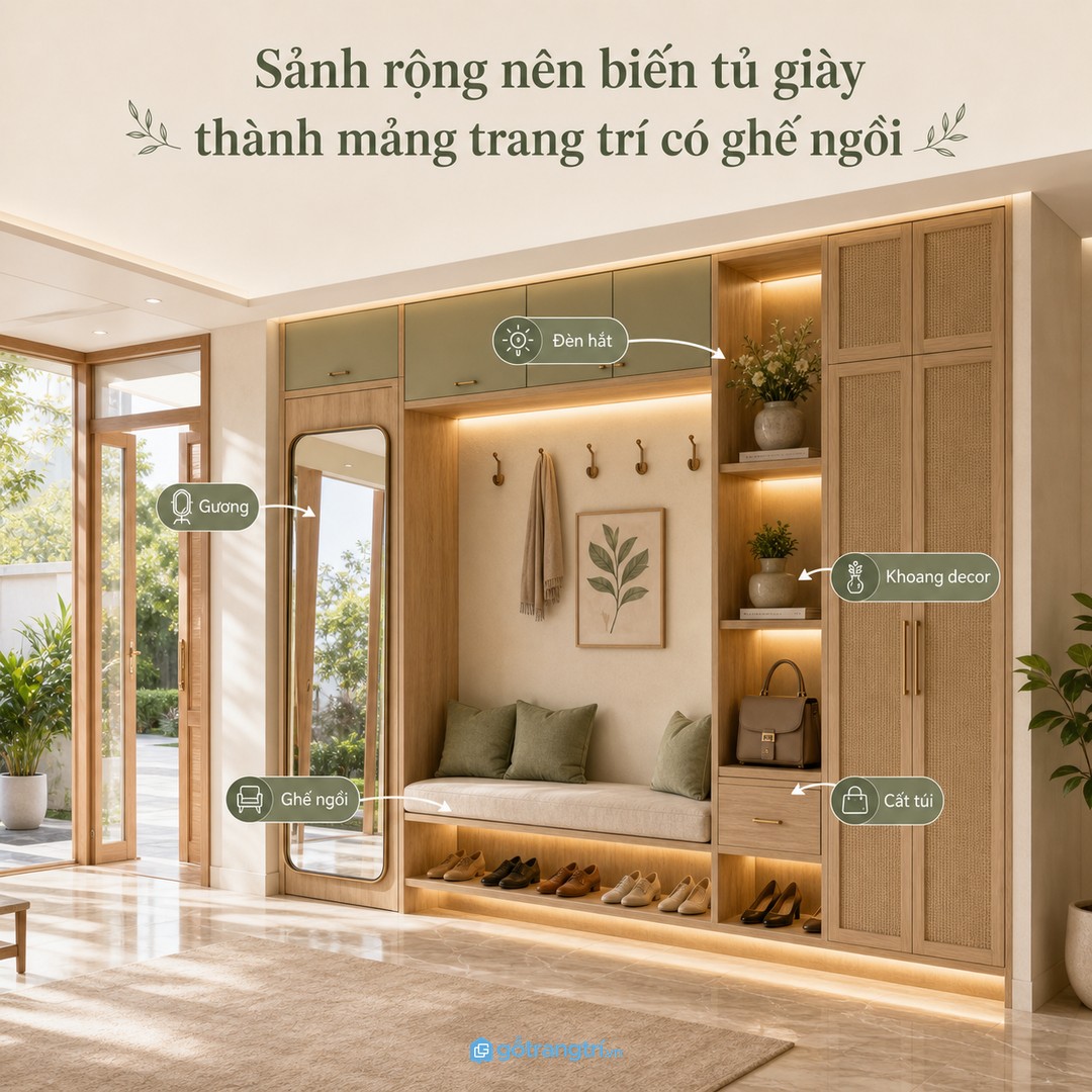 Sảnh rộng có thể kết hợp tủ giày với ghế ngồi, gương, đèn hắt và khoang decor