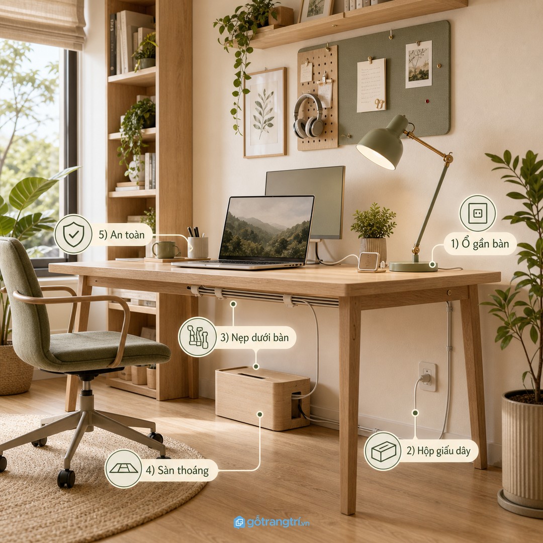 Ổ điện và dây sạc cần được gom gọn để sàn thoáng và an toàn