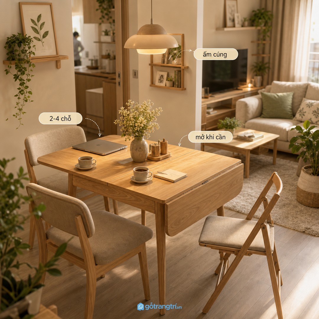 Căn hộ vợ chồng trẻ nên có bàn ăn gọn, ấm và mở rộng khi cần