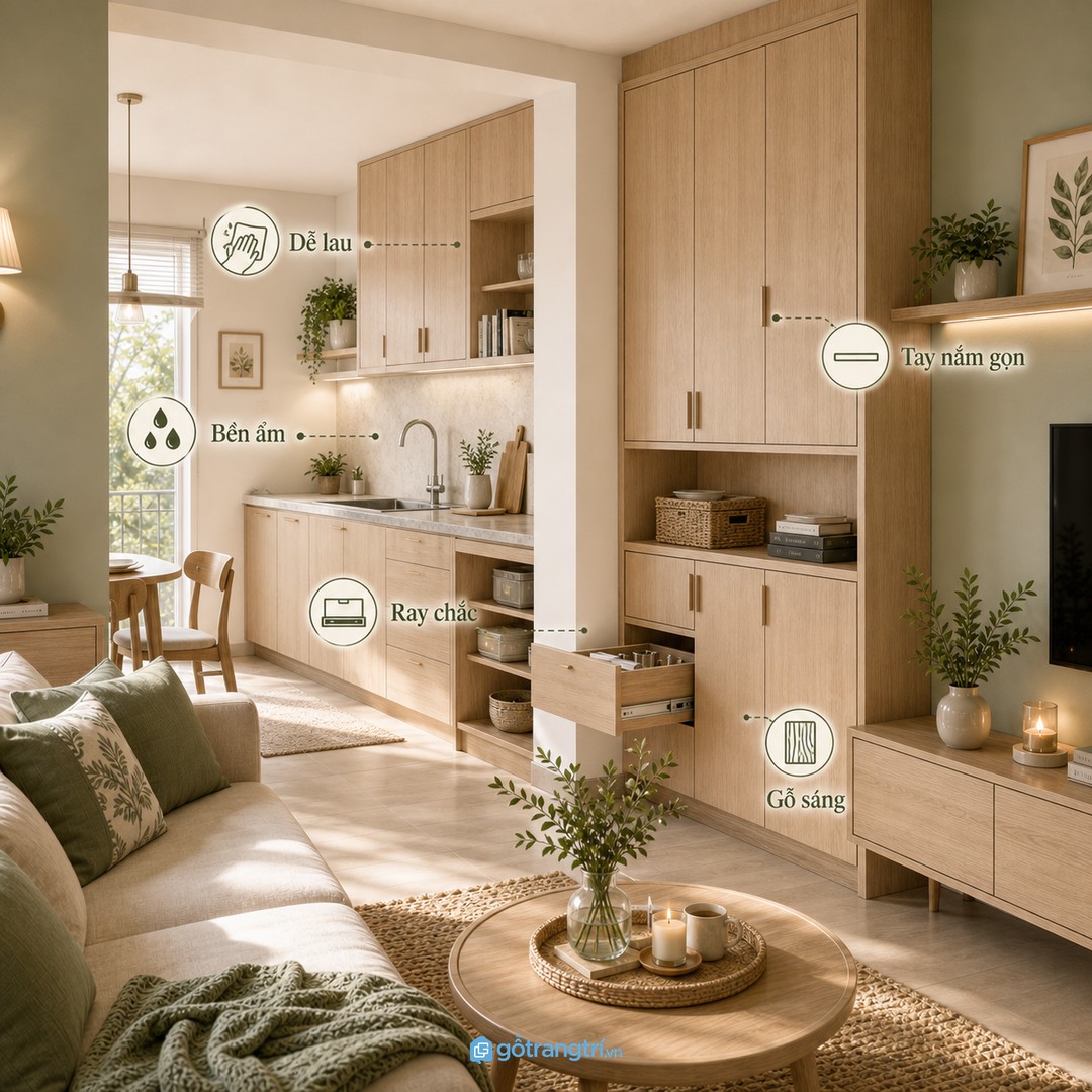 Vật liệu dễ lau, bền ẩm, ray chắc và màu gỗ sáng giúp nội thất giữ đẹp lâu