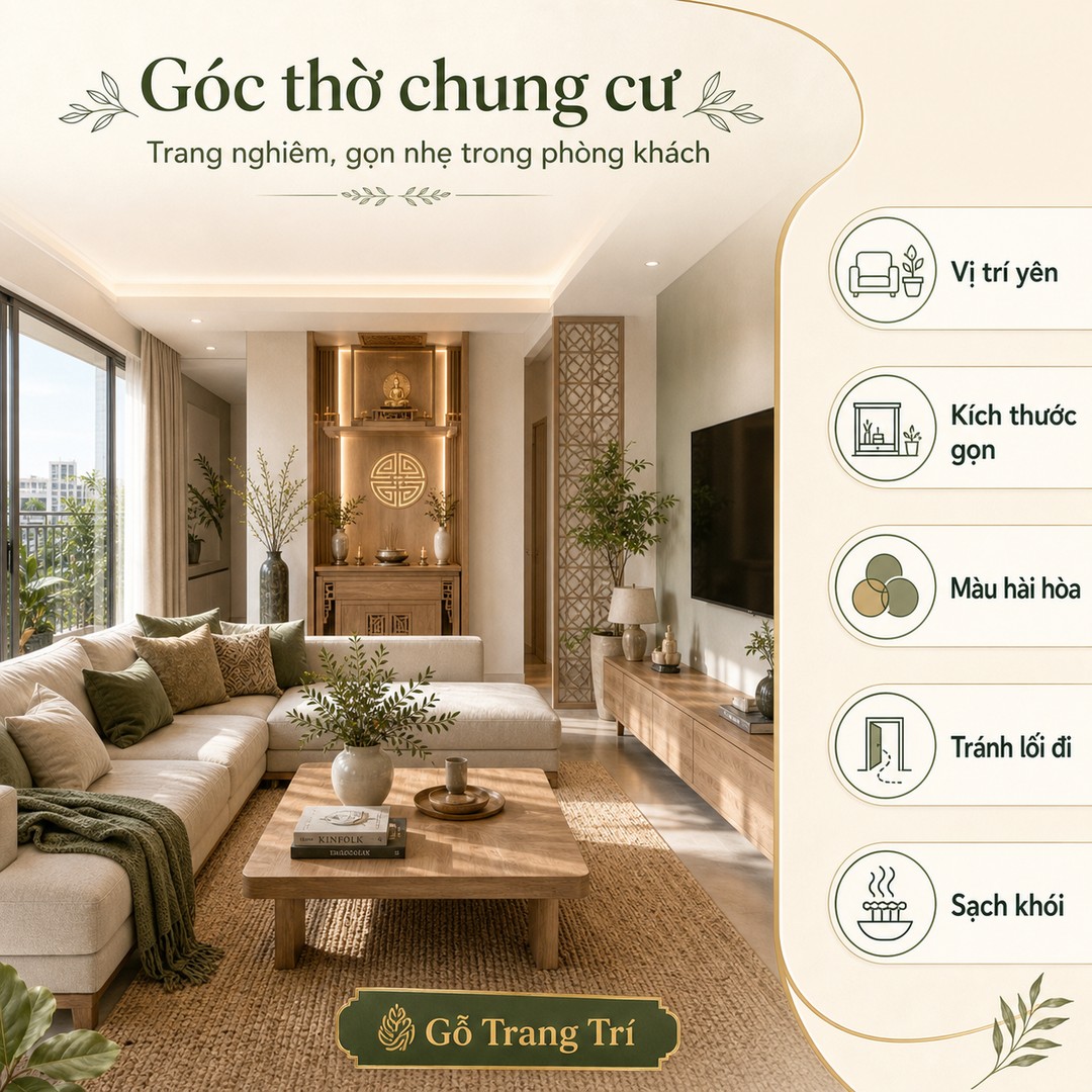 Góc thờ chung cư nên gọn, hài hòa màu gỗ, tránh lối đi và giữ khu khách nhẹ