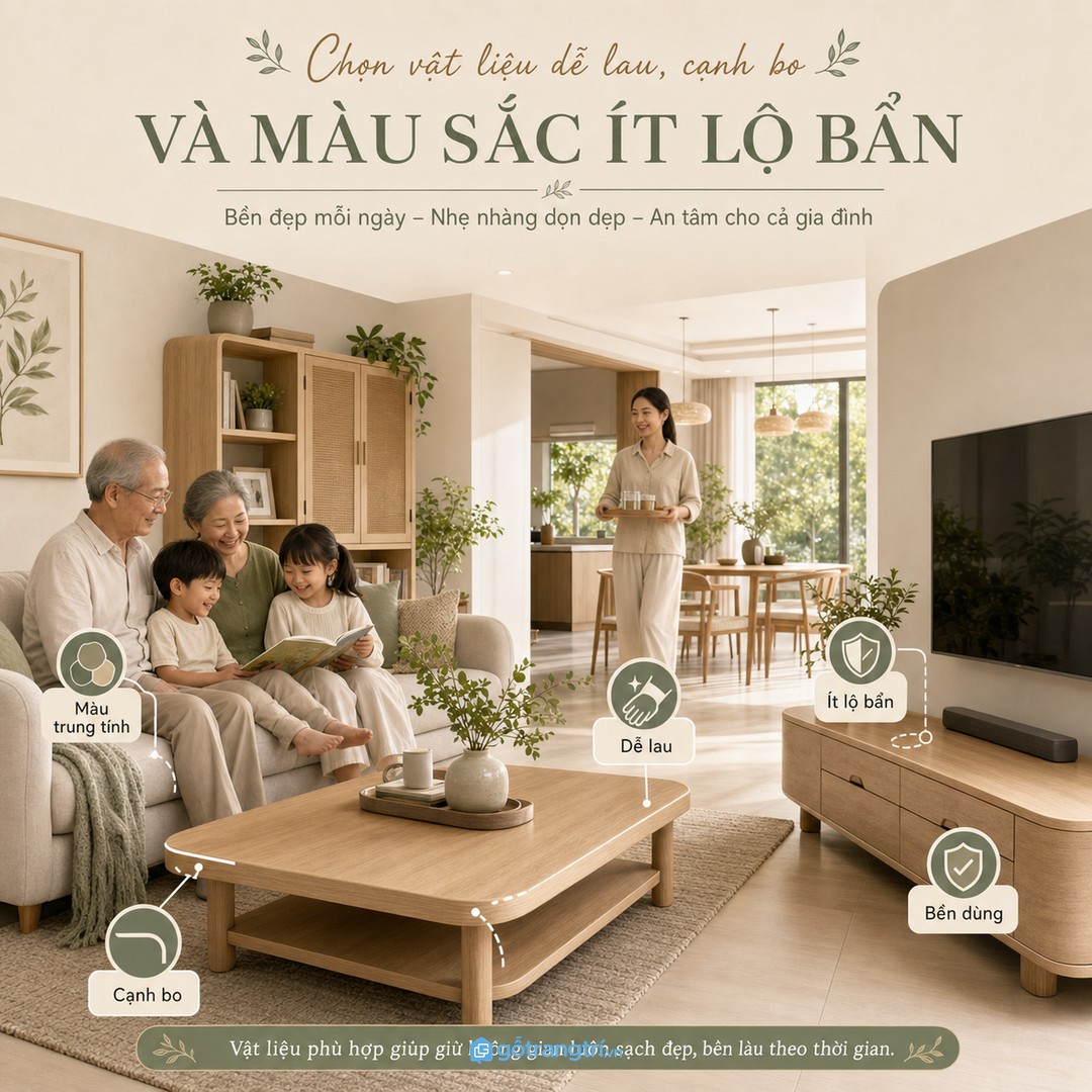 Vật liệu dễ lau, cạnh bo và màu trung tính giúp phòng khách bền qua sinh hoạt hằng ngày