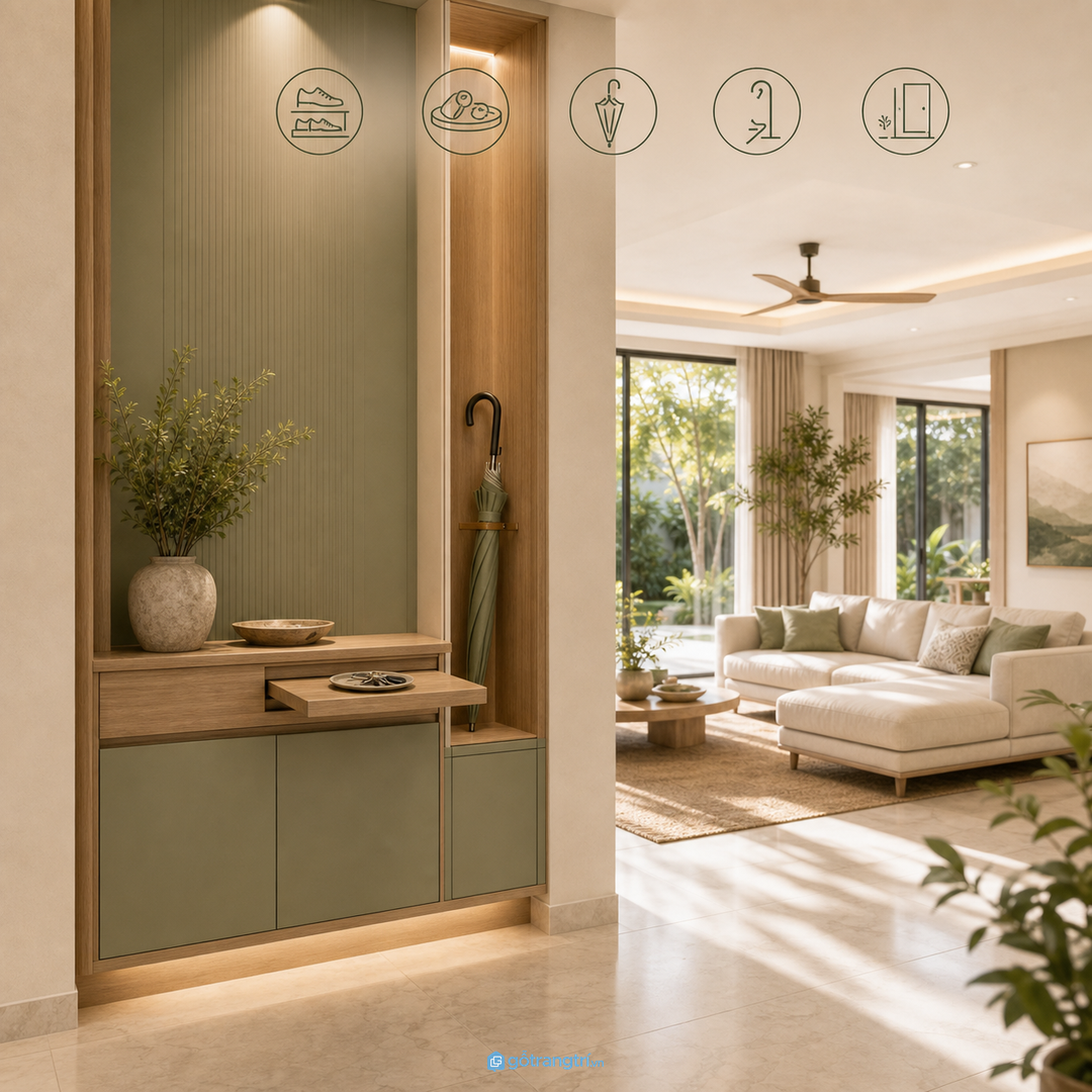 Tủ giày ở sảnh giúp lối vào phòng khách biệt thự gọn và có điểm đón nhẹ