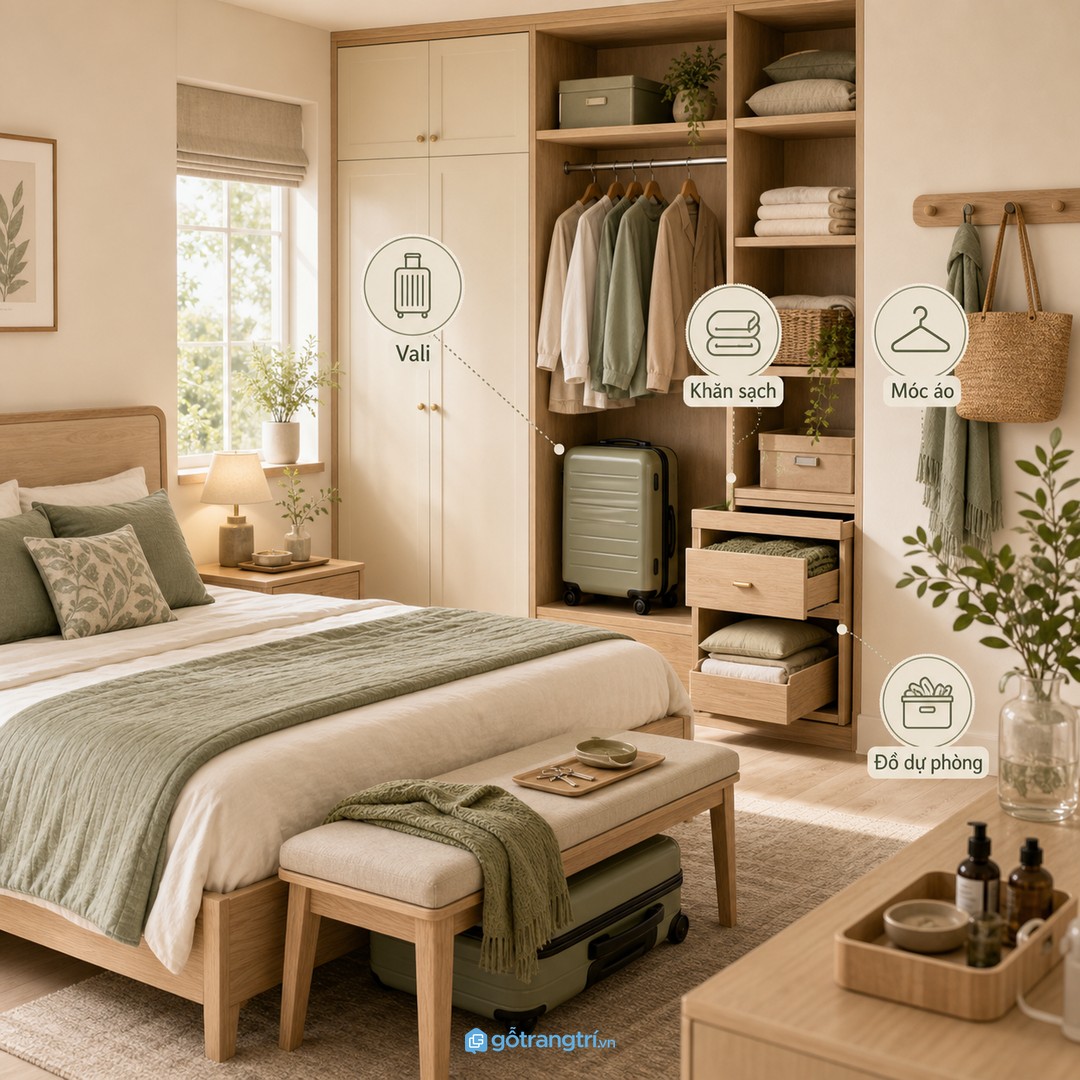Chỗ cất vali, khăn dự phòng và móc áo giúp phòng ngủ cho thuê bàn giao gọn hơn