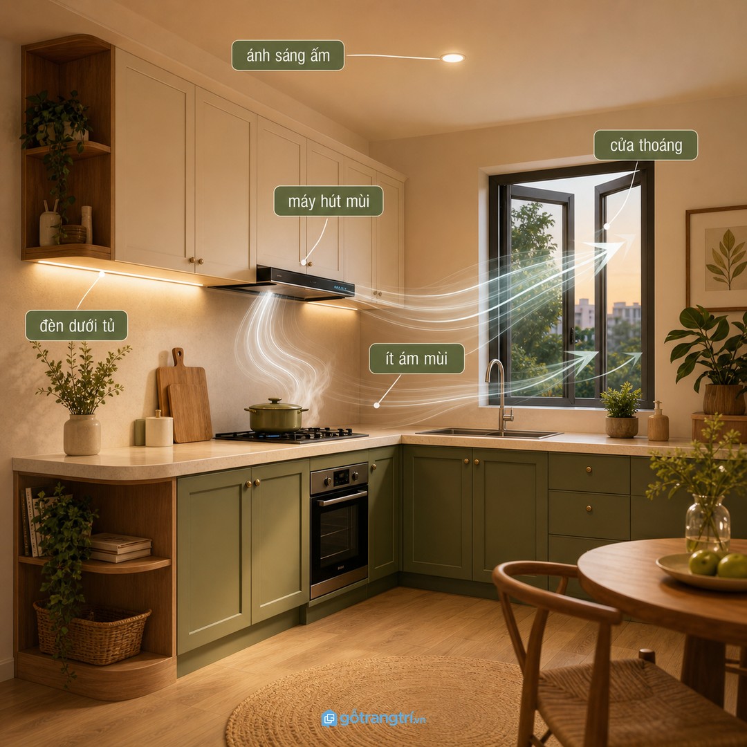 Đèn dưới tủ, cửa thoáng và máy hút mùi giúp bếp nhỏ sáng, ít ám mùi