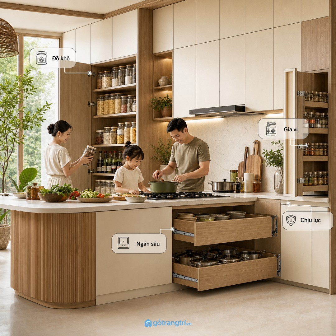 Gia đình nấu nhiều nên có kho đồ khô, ngăn kéo sâu và phụ kiện chịu lực