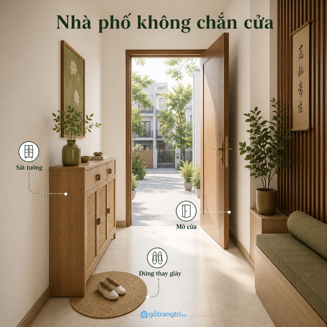 Nhà phố hẹp cần tủ giày sát tường nhưng vẫn giữ khoảng mở cửa và khoảng đứng thay giày
