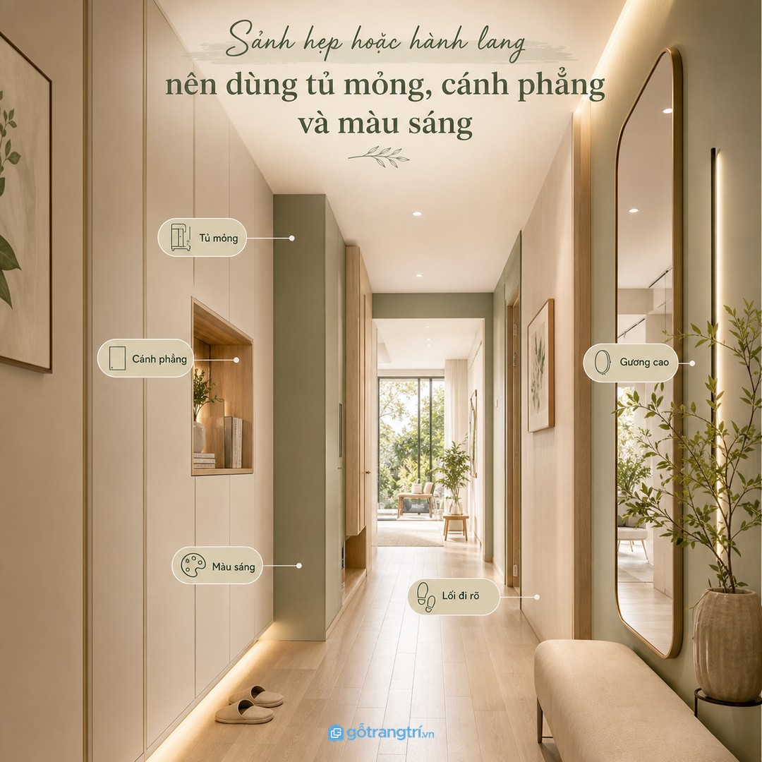 Sảnh hẹp nên dùng tủ giày mỏng, cánh phẳng, màu sáng và lối đi rõ