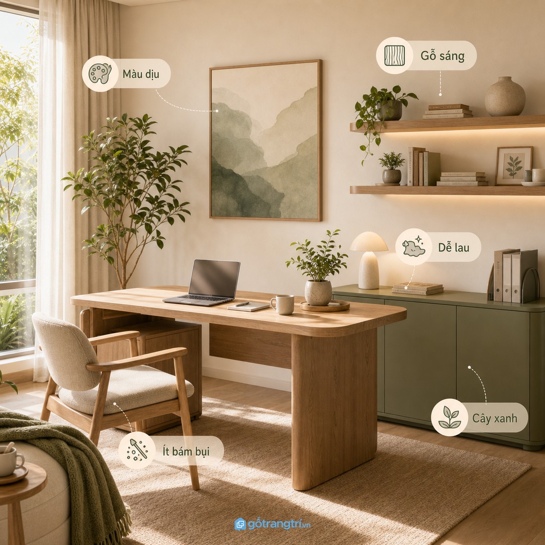 Bảng màu dịu, gỗ sáng và vật liệu dễ lau giúp làm việc lâu không mỏi