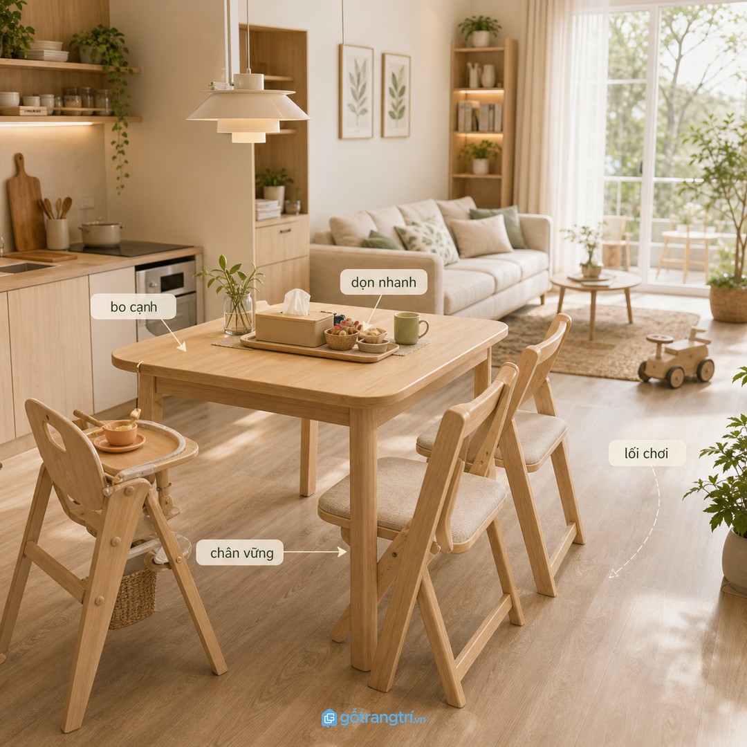 Gia đình có trẻ nhỏ nên ưu tiên bàn bo cạnh, chân vững và lối dọn nhanh