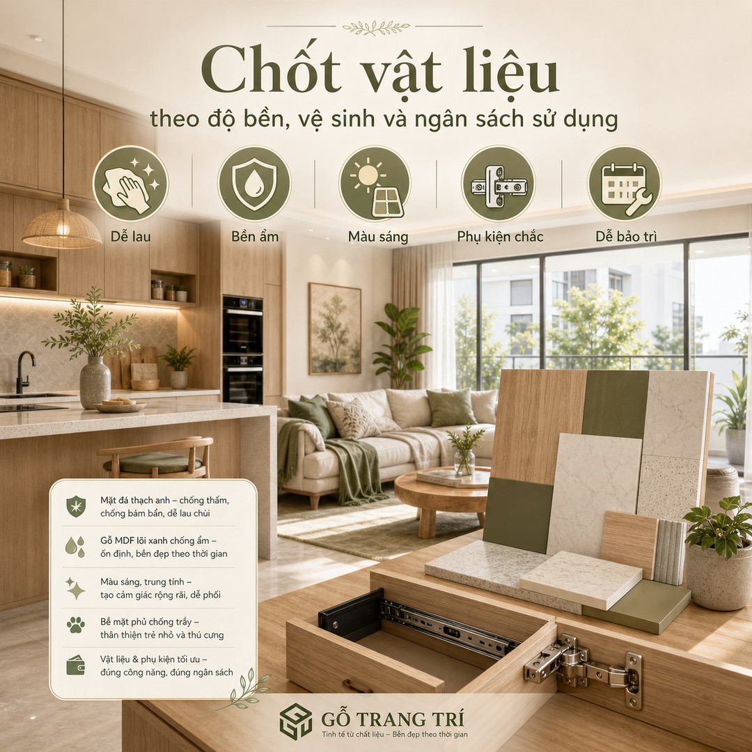 Vật liệu chung cư nên dễ lau, bền ẩm, phụ kiện chắc và hợp ngân sách sử dụng