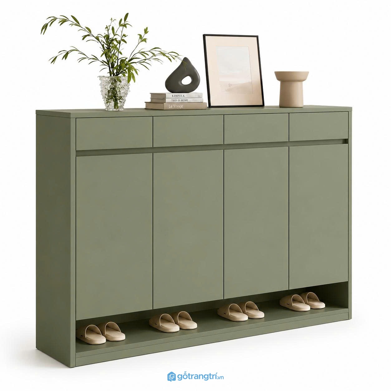 Tủ giày màu xanh olive hiện đại nhiều ngăn lưu trữ