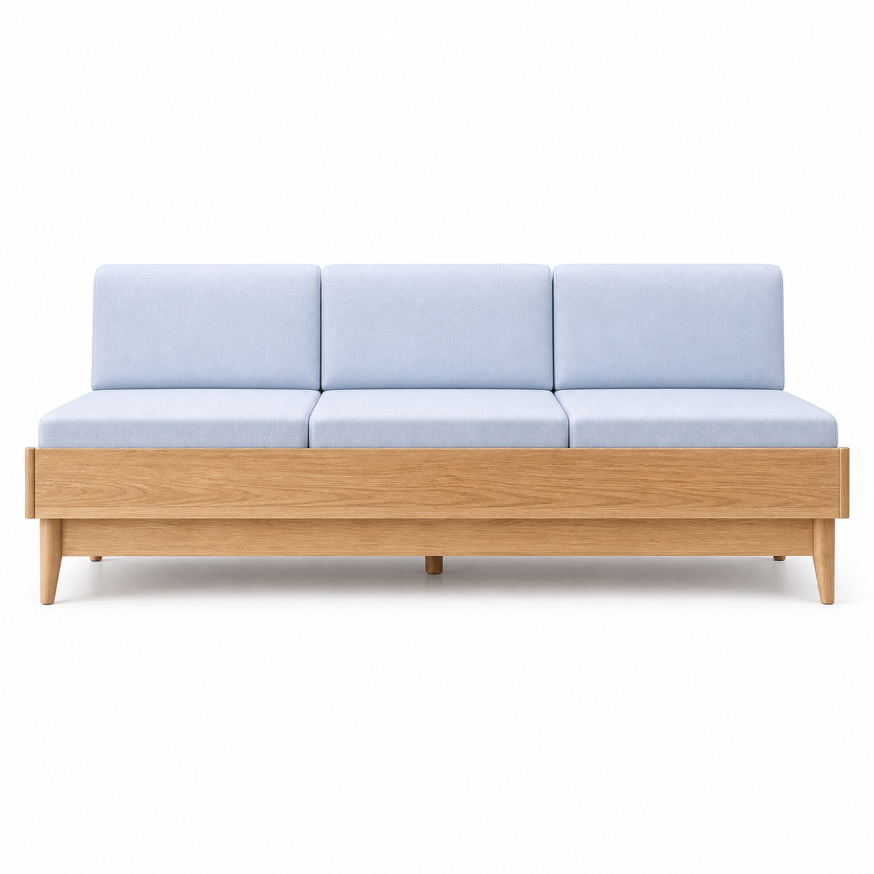 Sofa văng gỗ sồi nệm nỉ là lựa chọn cân bằng giữa vẻ gọn và cảm giác ấm