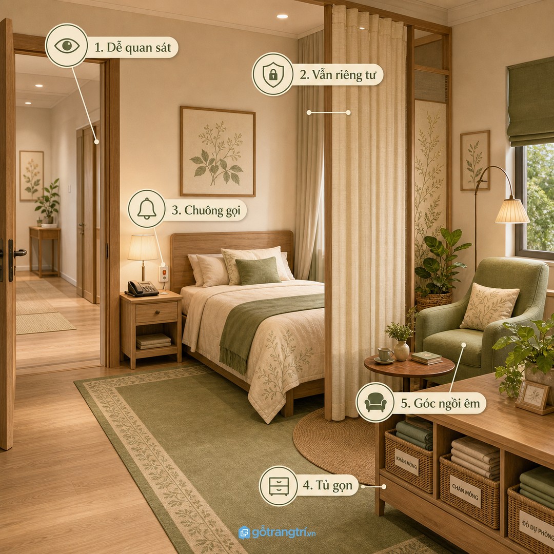 Nhà có người chăm sóc cần dễ quan sát nhưng vẫn giữ riêng tư cho bố mẹ