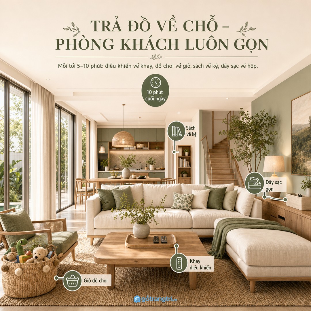Quy tắc trả đồ về chỗ giúp phòng khách 3 thế hệ giữ gọn sau mỗi ngày