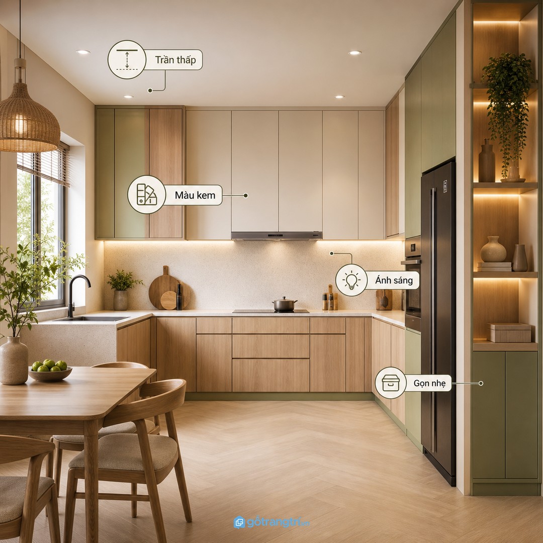 Bếp trần thấp nên dùng màu sáng, đường đứng gọn và ánh sáng đều