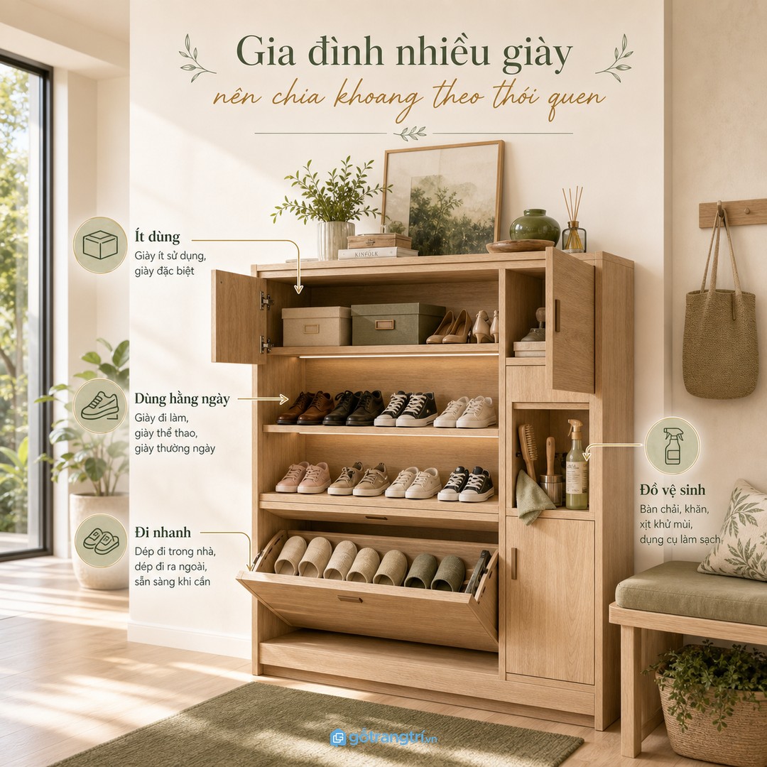 Gia đình nhiều giày nên chia khoang theo thói quen thay vì chia đều máy móc