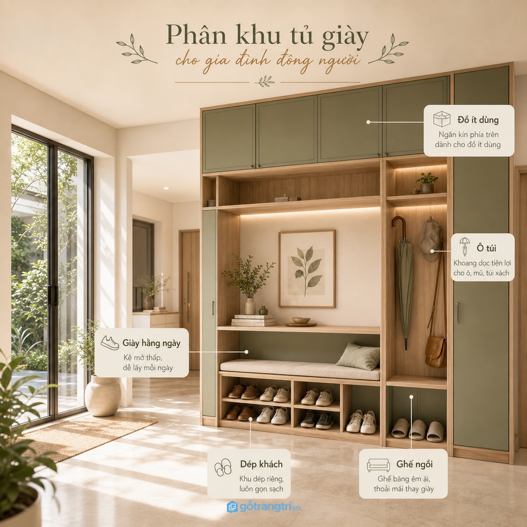 Gia đình đông người nên chia khu giày hằng ngày, dép khách, ô túi và đồ ít dùng