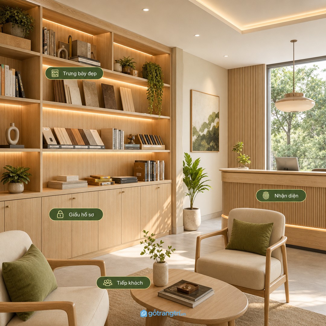 Showroom hoặc văn phòng tiếp khách nên giấu hồ sơ xấu và giữ kệ trưng bày đẹp