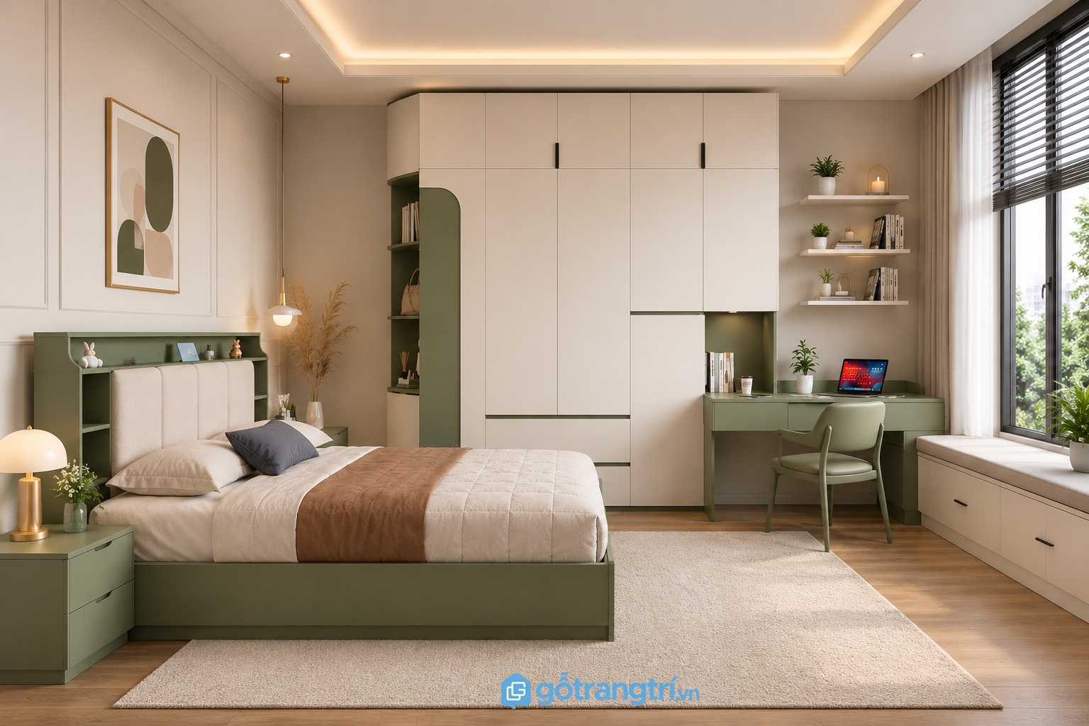 Tủ Quần Áo Liền Bàn Làm Việc Màu Xanh Olive GHS-5034
