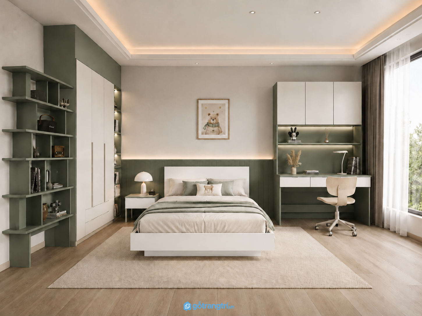 Bàn Học Liền Giá Sách Màu Xanh Olive GHS-4006