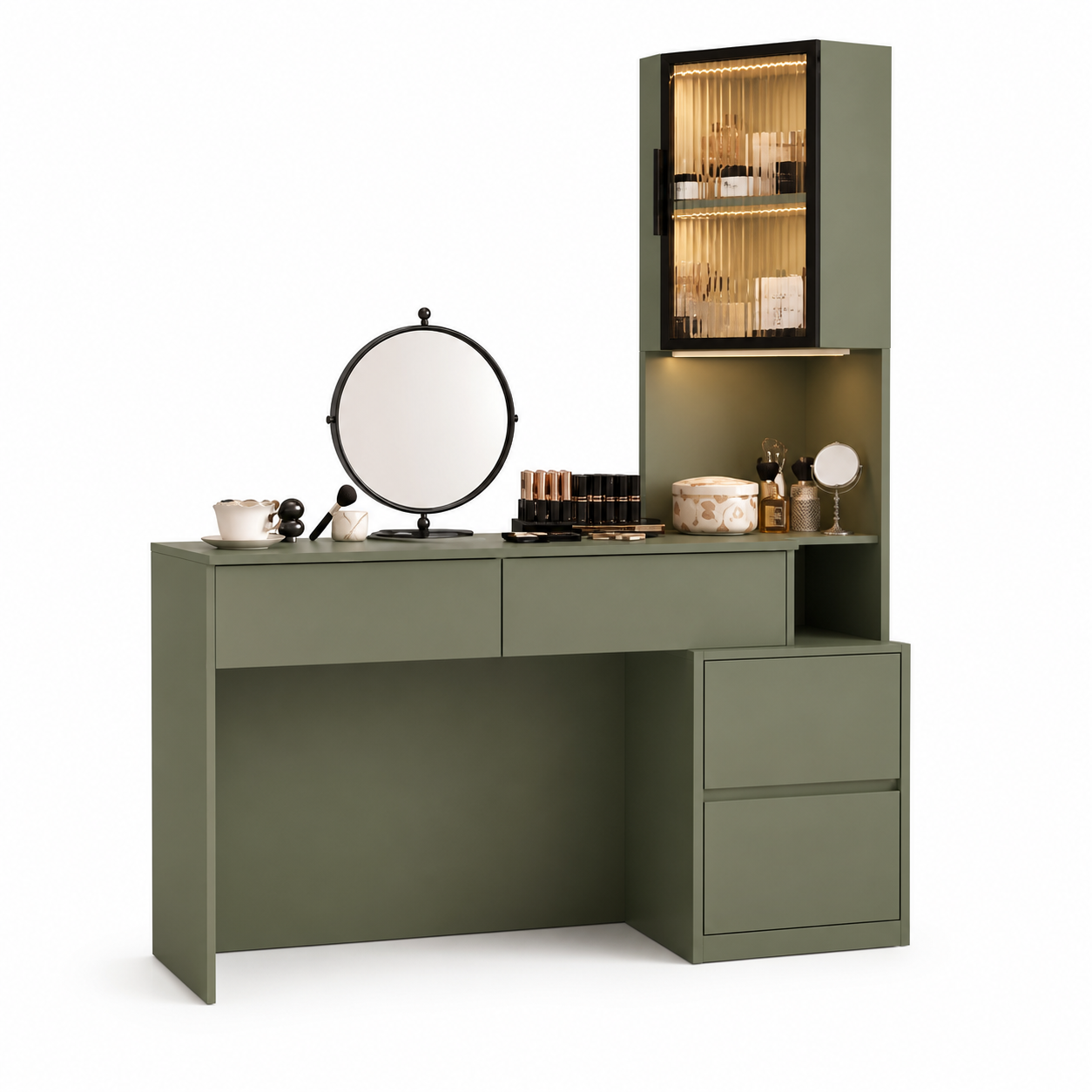 Bàn trang điểm liền tủ kính màu xanh olive hiện đại GHS-4009