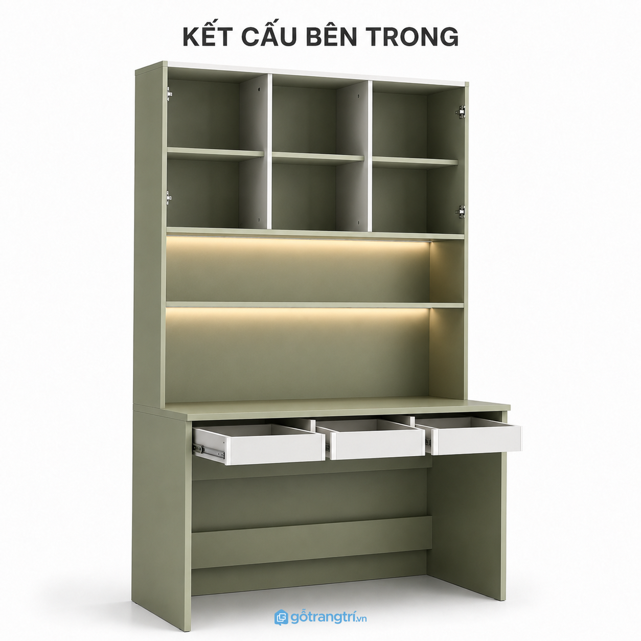 Bàn Học Liền Giá Sách Màu Xanh Olive GHS-4006 - hình ảnh thực tế 1