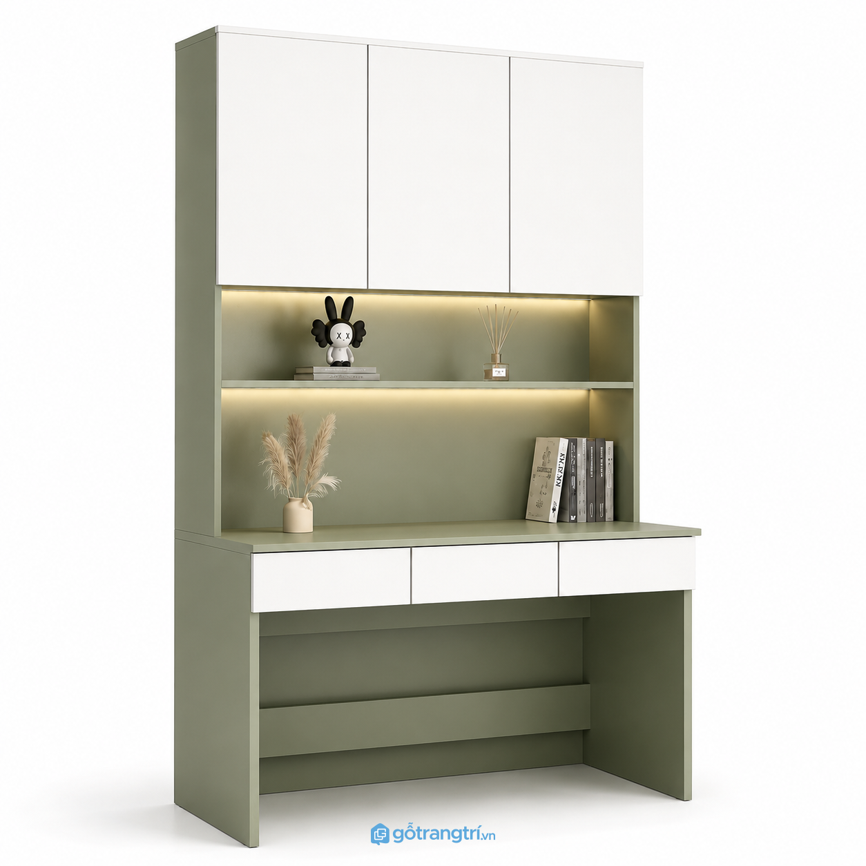 Bàn Học Liền Giá Sách Màu Xanh Olive GHS-4006