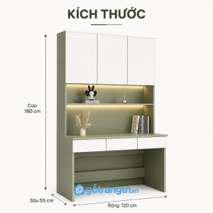 Bàn học liền giá sách màu xanh olive tích hợp tủ treo và kệ lưu trữ tiện dụng
