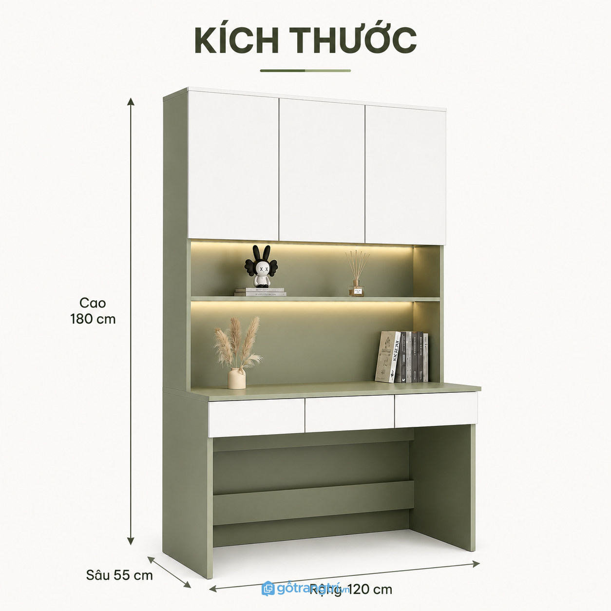 Bàn học liền giá sách màu xanh olive tích hợp tủ treo và kệ lưu trữ tiện dụng