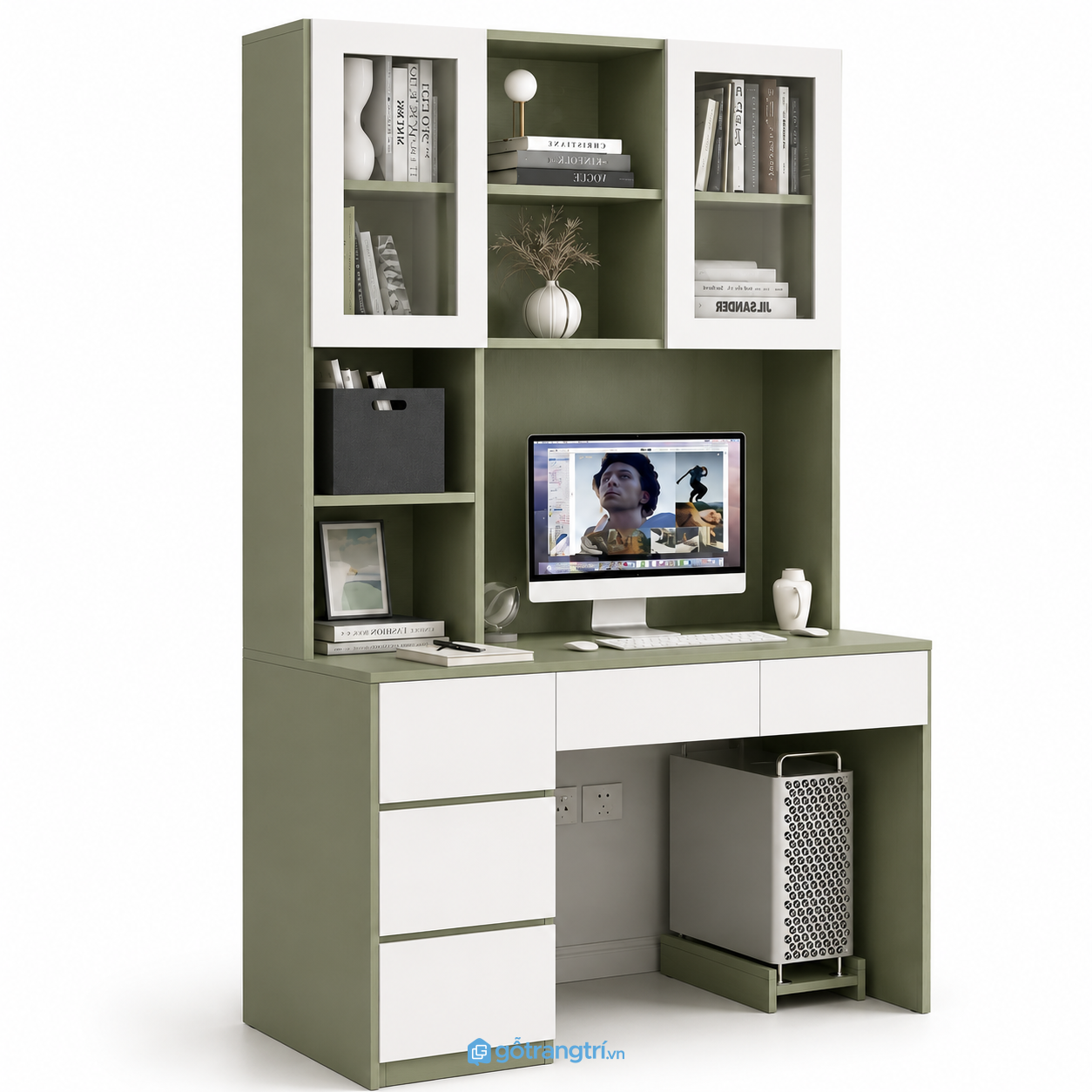Bàn học liền giá sách màu xanh rêu GHS-4003 Bàn học liền giá sách màu xanh rêu GHS-4003