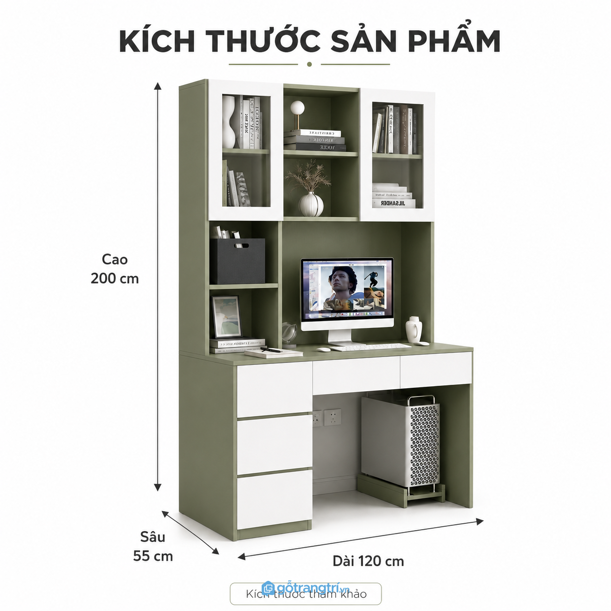 Bàn học liền giá sách màu xanh rêu rộng 120cm tiện dụng Bàn học liền giá sách màu xanh rêu rộng 120cm tiện dụng