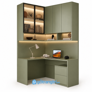 Bàn làm việc góc chữ L liền tủ treo màu xanh olive GHS-4005
