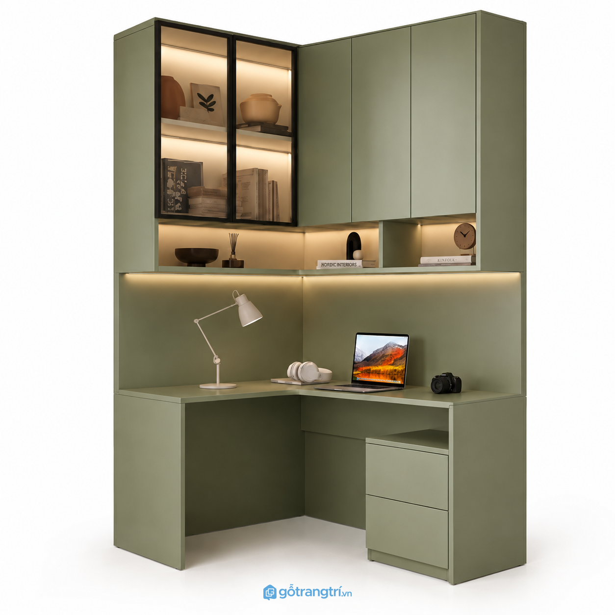 Bàn làm việc góc chữ L liền tủ treo màu xanh olive GHS-4005 Bàn làm việc góc chữ L liền tủ treo màu xanh olive GHS-4005