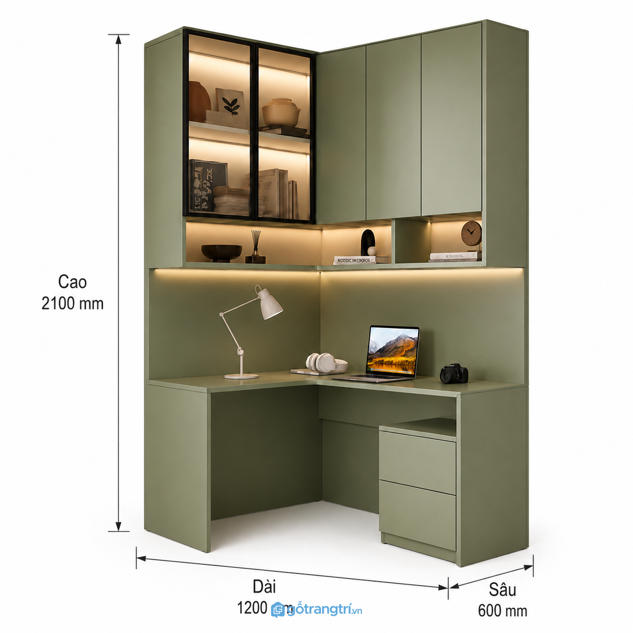 Bàn làm việc góc chữ L liền tủ treo màu xanh olive tối ưu lưu trữ cho không gian hiện đại Bàn làm việc góc chữ L liền tủ treo màu xanh olive tối ưu lưu trữ cho không gian hiện đại