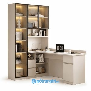 Bàn Làm Việc Liền Giá Sách Kính Khung Nhôm Hiện Đại GHS-4013 - 180x120x200cm - Vân gỗ nhiều màu tùy chọn - Chat Zalo - GHS-4012b