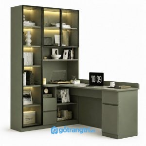 Bàn Làm Việc Liền Giá Sách Kính Khung Nhôm Hiện Đại GHS-4013 - 180x120x200cm - Xanh olive - GHS-4013a