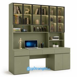 Bàn làm việc liền tủ kính trưng bày có đèn LED cho không gian hiện đại gọn gàng