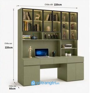 Bàn làm việc liền tủ kính trưng bày có đèn LED GHS-4004 - 2200x600x2200mm - Xanh olive - GHS-4004