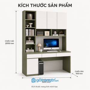 Bàn làm việc liền tủ treo màu xanh olive kết hợp giá sách và lưu trữ tiện nghi